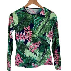 Lands End‎ Rash Guard Womens XXS Pullover Green Pink Tropical Swim Outdoors